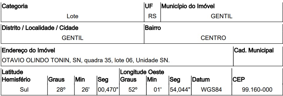 Terreno - Venda, CENTRO, GENTIL, RS
